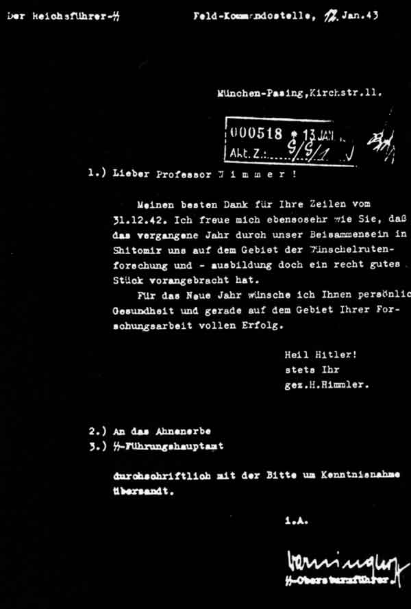 Brief H. Himmler an Prof. Wimmer vom Ahnenerbe zum Treffen in Shitomir und der Wünschelruten - Forschung & Ausbildung